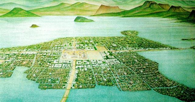 The Aztecs built the city of Tenochtitlan on an island. Mexico City is now centered on this site.
